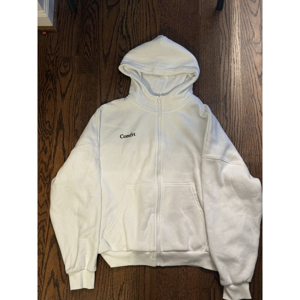 Comfrt White Full Zip Hoodie Oversized Minimalist Heavyweight Sweatshirt